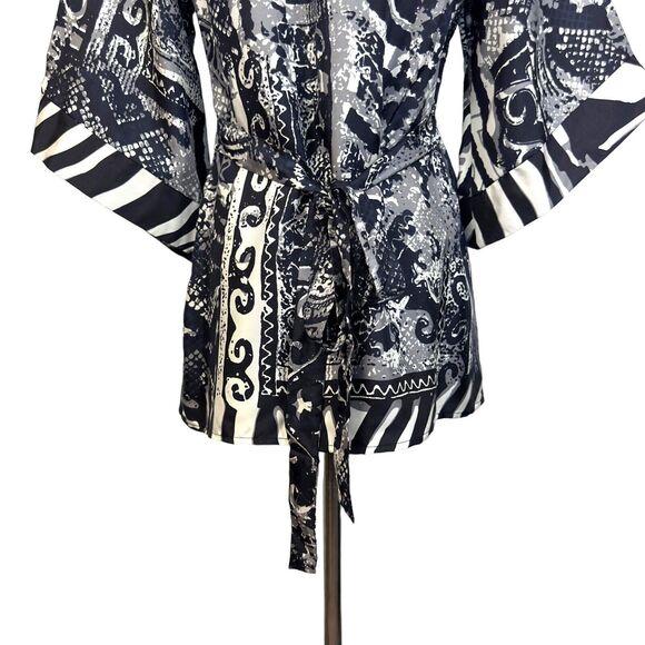 YASB‎ Multicolor Abstract 100% Silk 3/4 Sleeve Tie Back Blouse Top Size Small - Picture 6 of 8